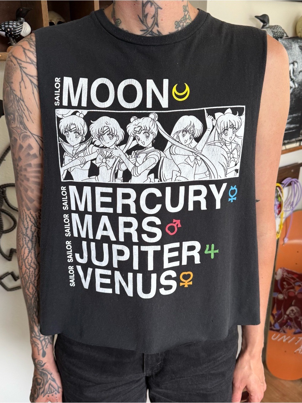 Sailor Moon Anime Cropped Black Planets Graphic Muscle Tee ~ Size Large